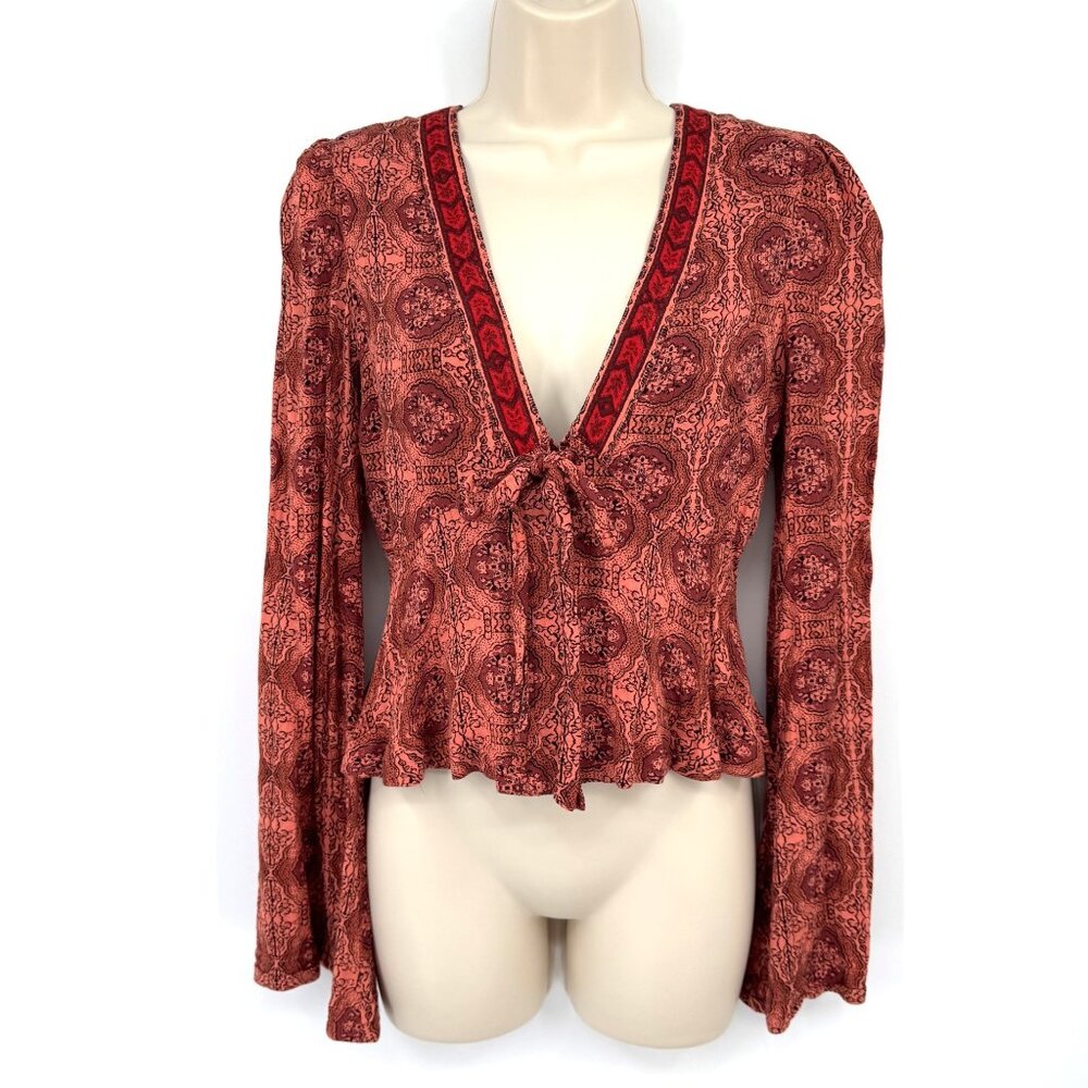Free People Womens Printed Bell Sleeve Blouse Time if your life print size XS fa